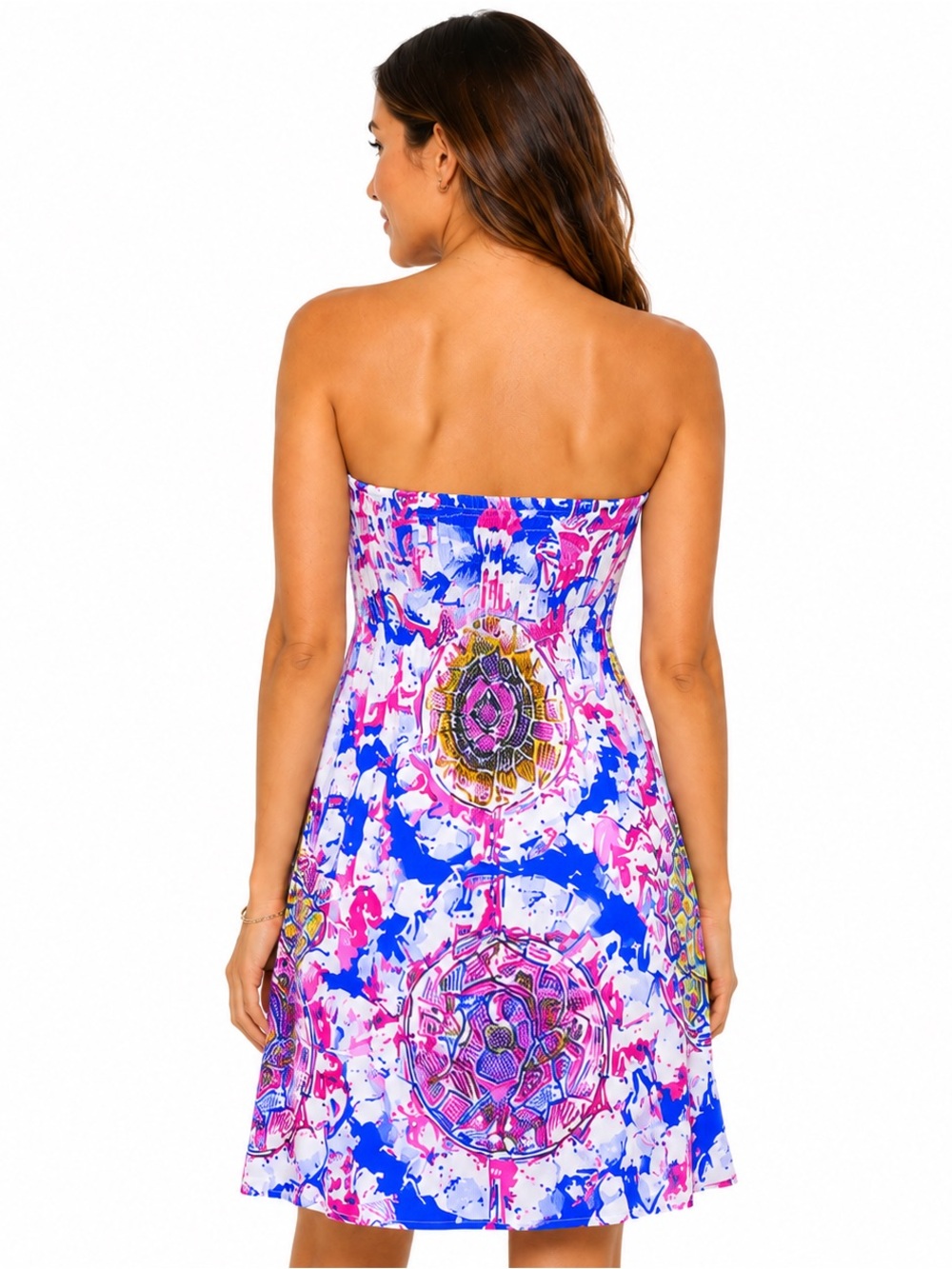 Rare whimsical elephant print w/colorful medallion motifs and smocked strapless. - Picture 8 of 10